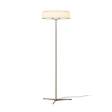 "Modern floor lamp with a ring-shaped fabric shade and a slim, tripod-inspired base on a white background."