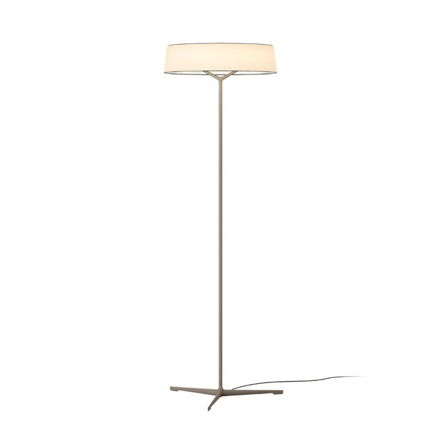"Modern floor lamp with a ring-shaped fabric shade and a slim, tripod-inspired base on a white background."