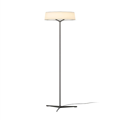 "A modern floor lamp with a ring-shaped fabric shade and a slim, dark-colored tripod base."
