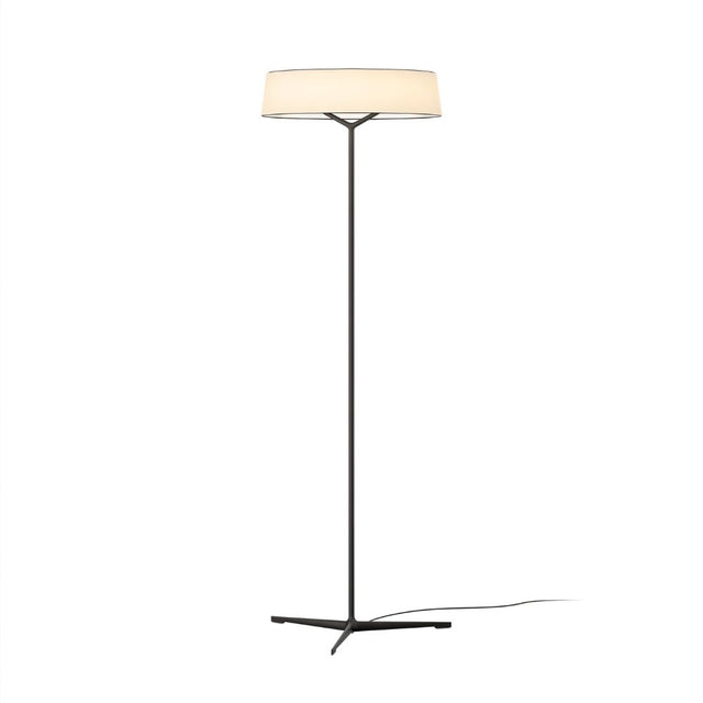 "A modern floor lamp with a ring-shaped fabric shade and a slim, dark-colored tripod base."