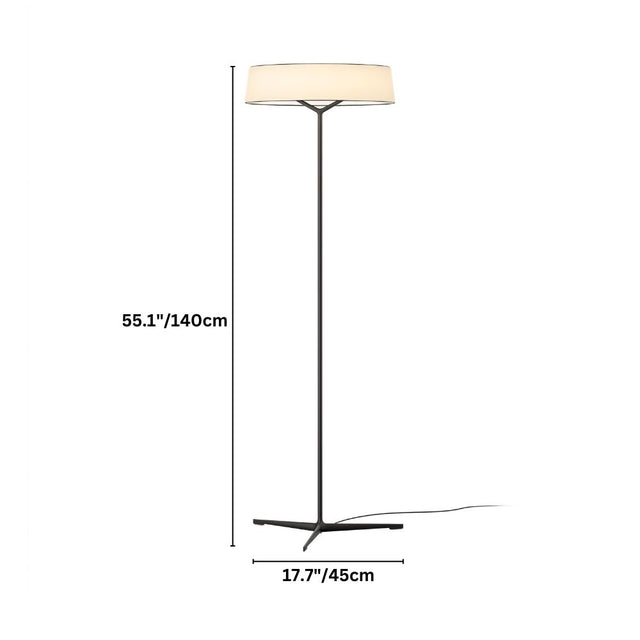 "A modern floor lamp with a unique, ring-shaped fabric shade and a slim, tripod base."