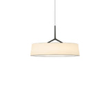 "A modern pendant light with a wide fabric drum shade and a sleek, dark frame hangs from a thin cord."