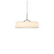 "A pendant light with a wide, white fabric drum shade and a sleek, light-colored frame hangs suspended."