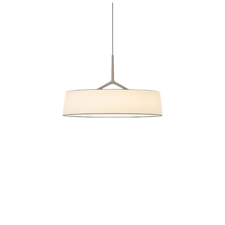"A pendant light with a wide, white fabric drum shade and a sleek, light-colored frame hangs suspended."