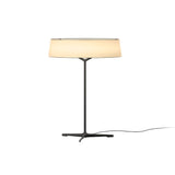 "A modern table lamp with a rectangular fabric shade and a sleek, dark-colored stand with a Y-shaped base."