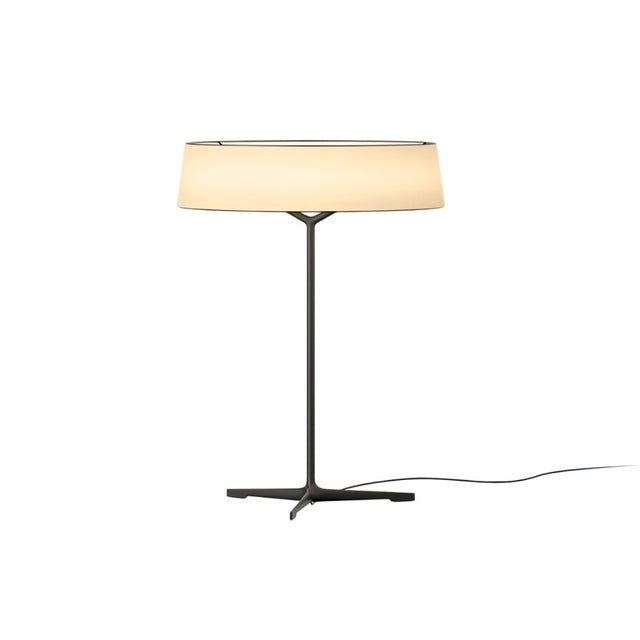 "A modern table lamp with a rectangular fabric shade and a sleek, dark-colored stand with a Y-shaped base."
