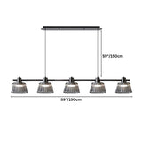 "Dimensions of a modern linear chandelier with five ribbed glass shades and an iron frame."