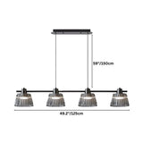 "Dimensions of a modern linear chandelier with four ribbed glass shades and an iron frame."