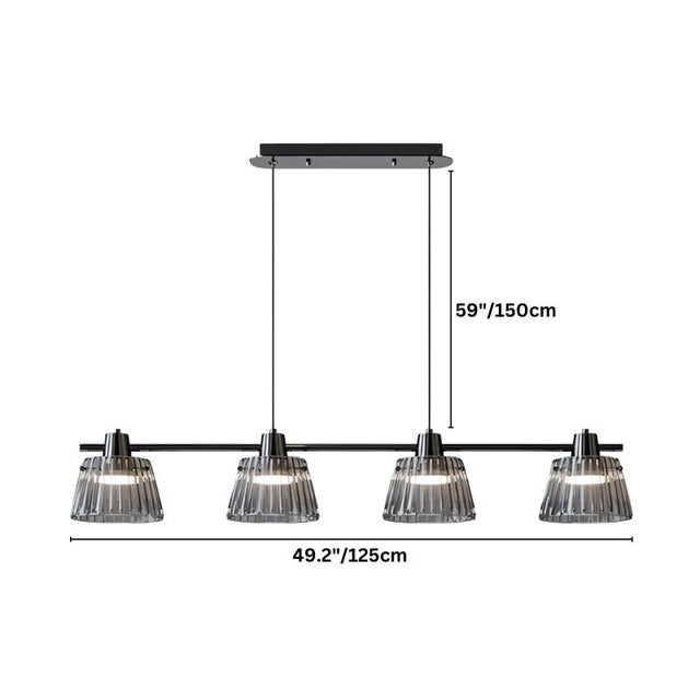 "Dimensions of a modern linear chandelier with four ribbed glass shades and an iron frame."