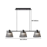 "Dimensions of a modern linear chandelier with three ribbed glass shades and an iron frame."