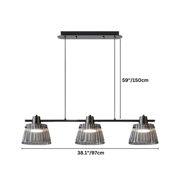 "Dimensions of a modern linear chandelier with three ribbed glass shades and an iron frame."