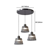 "Dimensions of a modern chandelier with three ribbed glass shades and an iron frame."