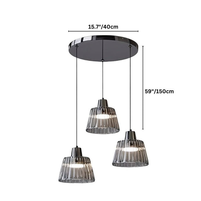 "Dimensions of a modern chandelier with three ribbed glass shades and an iron frame."