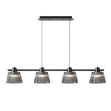 "Modern linear chandelier with four ribbed glass shades and a black iron frame, ideal for dining room lighting."