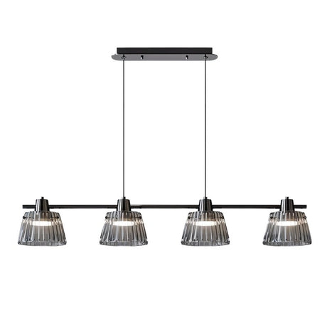 "Modern linear chandelier with four ribbed glass shades and a black iron frame, ideal for dining room lighting."