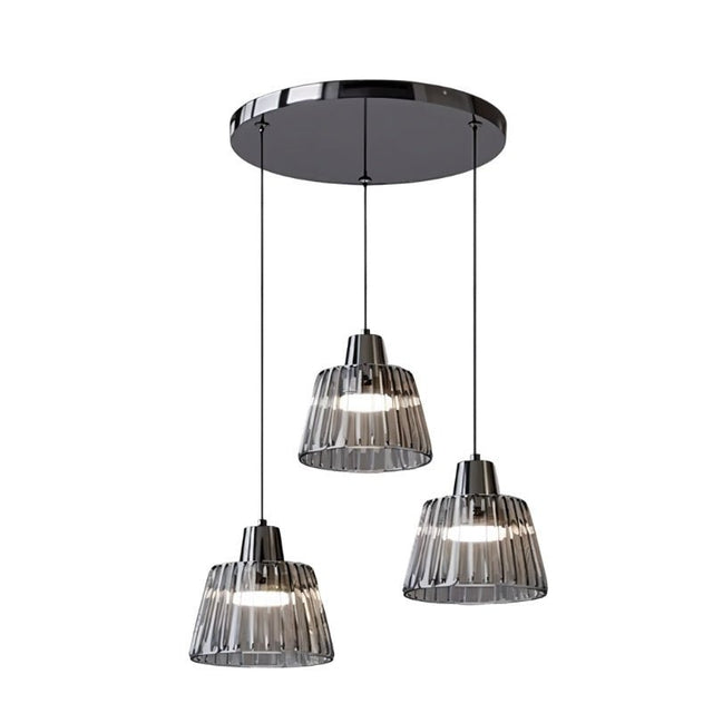 "Modern chandelier with three ribbed glass shades hanging from a round, black iron canopy."