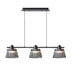"Modern chandelier with three ribbed glass shades and a black iron frame, ideal for kitchen island lighting."
