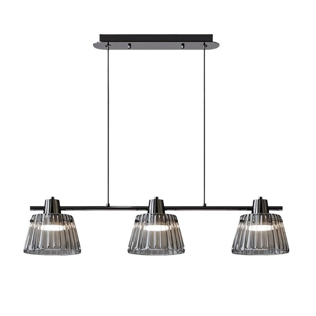 "Modern chandelier with three ribbed glass shades and a black iron frame, ideal for kitchen island lighting."