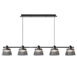 "Modern linear chandelier with five ribbed glass shades and a black iron frame."