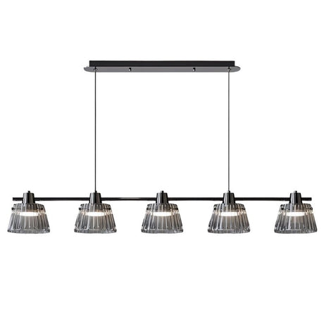 "Modern linear chandelier with five ribbed glass shades and a black iron frame."