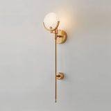 "modern brass wall lamp with alabaster globe and elongated rod, elegant lighting fixture for interiors"