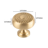 "A gold brass geometric knob with a lattice design, shown with dimensions."