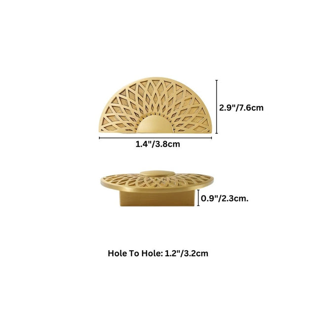 "A gold brass knob with a geometric lattice design, shown with dimensions."