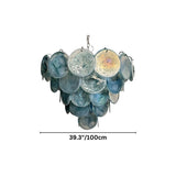 "A modern, round chandelier with cascading green and iridescent glass discs, shown with a width of 39.3 inches."