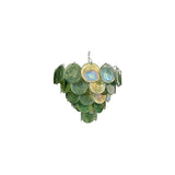 "A modern, round chandelier with cascading green and iridescent glass discs, suspended by a chain."
