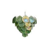 "A modern, round chandelier with cascading green and iridescent glass discs, suspended by a chain."