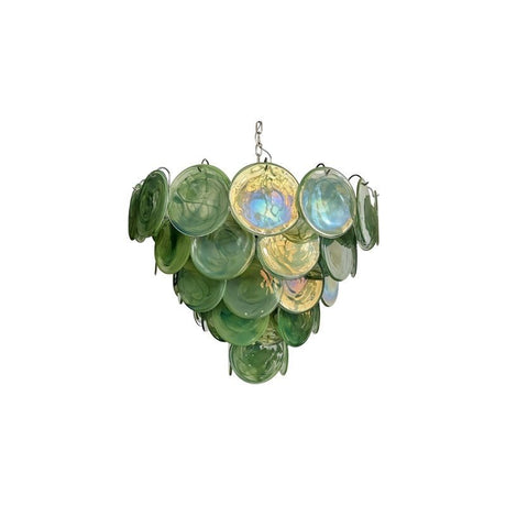 "A modern, round chandelier with cascading green and iridescent glass discs, suspended by a chain."
