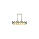 "A modern, rectangular chandelier with cascading light green and iridescent glass discs, suspended by chains."