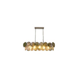 "A modern, rectangular chandelier with cascading neutral and iridescent glass discs, suspended by chains."