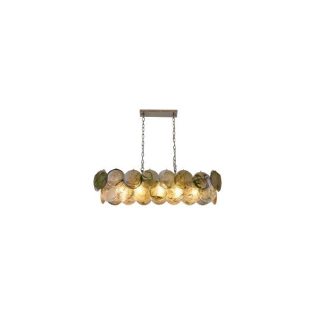 "A modern, rectangular chandelier with cascading neutral and iridescent glass discs, suspended by chains."