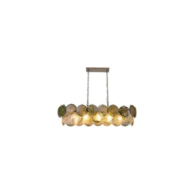 "A modern, rectangular chandelier with cascading neutral and iridescent glass discs, suspended by chains."