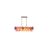 "A modern, rectangular chandelier with cascading orange and pink iridescent glass discs, suspended by chains."