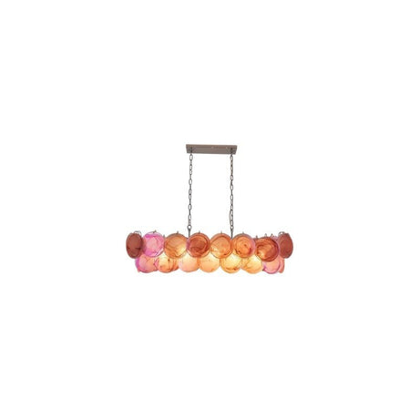 "A modern, rectangular chandelier with cascading orange and pink iridescent glass discs, suspended by chains."