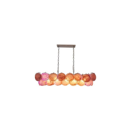 "A modern, rectangular chandelier with cascading pink and iridescent glass discs, suspended by chains."