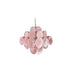 "A modern, round chandelier with cascading pink and iridescent glass discs, suspended by a chain."