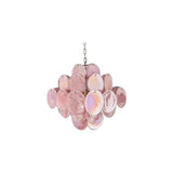 "A modern, round chandelier with cascading pink and iridescent glass discs, suspended by a chain."