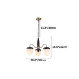 "A 3-light chandelier with brass arms, wooden centerpiece, and frosted glass shades, showing product dimensions."