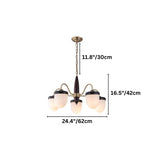 "A 5-light chandelier with brass arms, wooden centerpiece, and frosted glass shades, showing product dimensions."