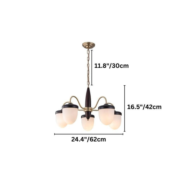 "A 5-light chandelier with brass arms, wooden centerpiece, and frosted glass shades, showing product dimensions."