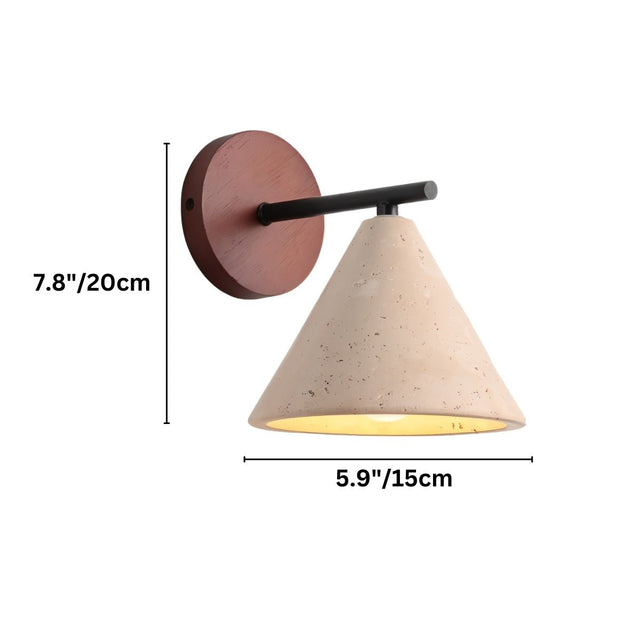 "Dimensions of a modern wall lamp with a conical travertine shade, a black arm, and a round wooden backplate: 7.8 inches in height and 5.9 inches in width."