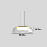 "A modern pendant light with a clear glass dome shade, shown with dimensions of 11 inches in width and 3.1 inches in height."
