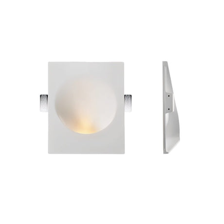 "White gypsum Onexa trimless wall light with a circular dome profile, shown from front and side views on a white background."