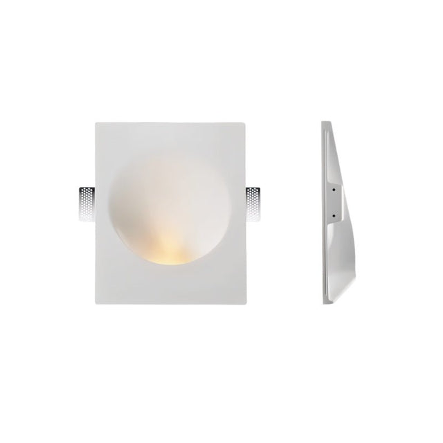 "White gypsum Onexa trimless wall light with a circular dome profile, shown from front and side views on a white background."
