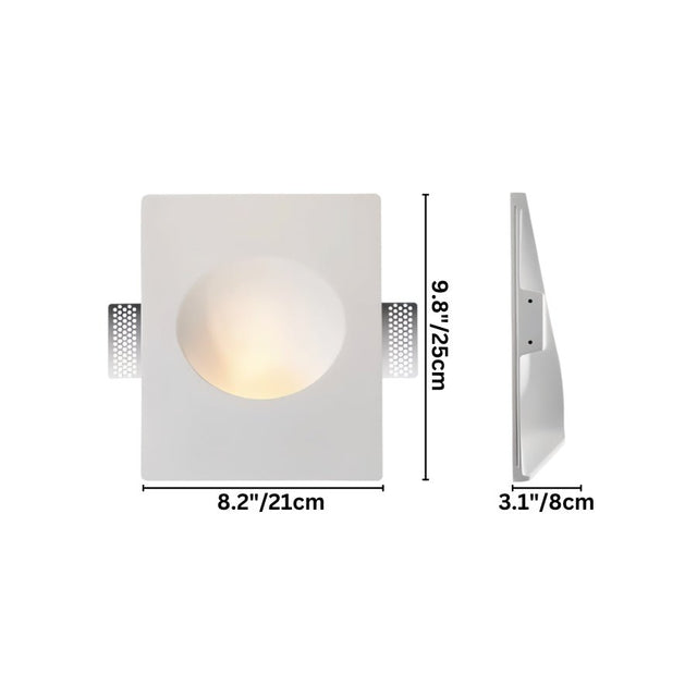 "White gypsum Onexa trimless wall light with dimensions showing 9.8 inches/25 cm height, 8.2 inches/21 cm width, and 3.1 inches/8 cm depth."