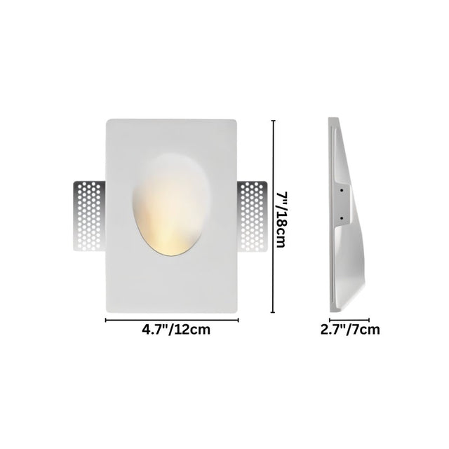 "White gypsum Onexa trimless wall light with dimensions showing 7 inches/18 cm height, 4.7 inches/12 cm width, and 2.7 inches/7 cm depth."