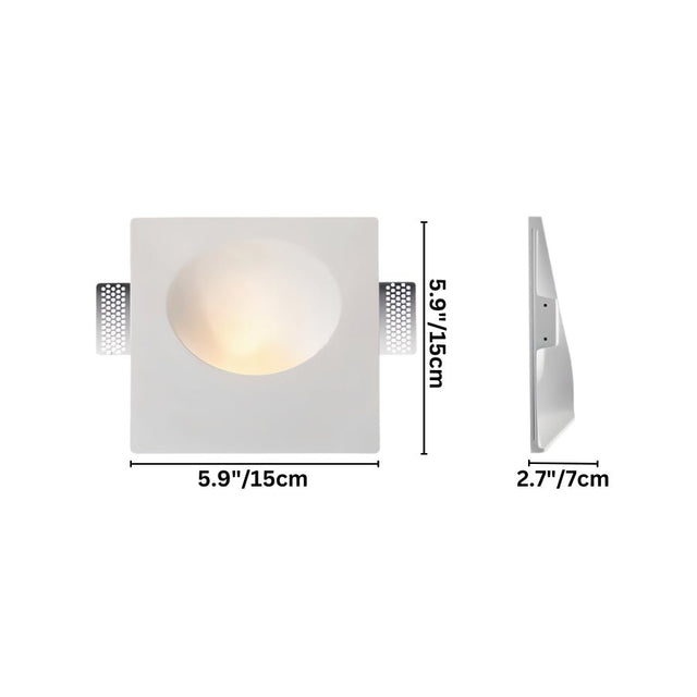"White gypsum Onexa trimless wall light with dimensions showing 5.9 inches/15 cm square and 2.7 inches/7 cm depth."